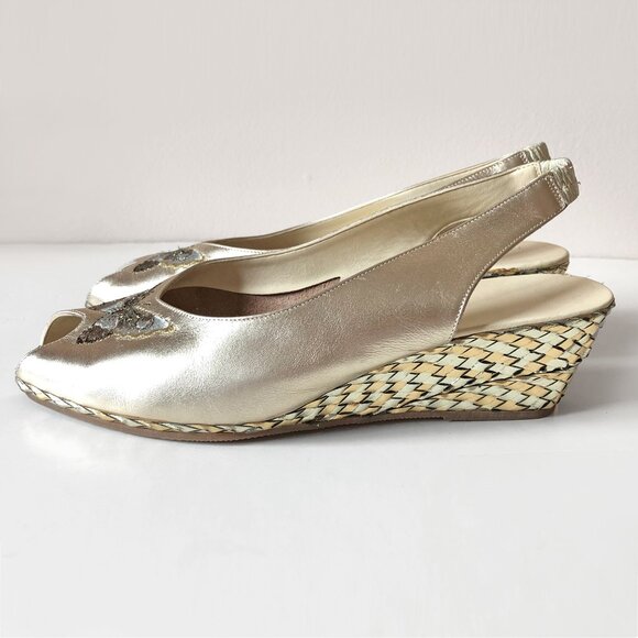 VTG 80s 90s Italian Gold Leather Butterfly Embroidered Wedge Shoes Size 38 - 7.5 - Picture 5 of 7